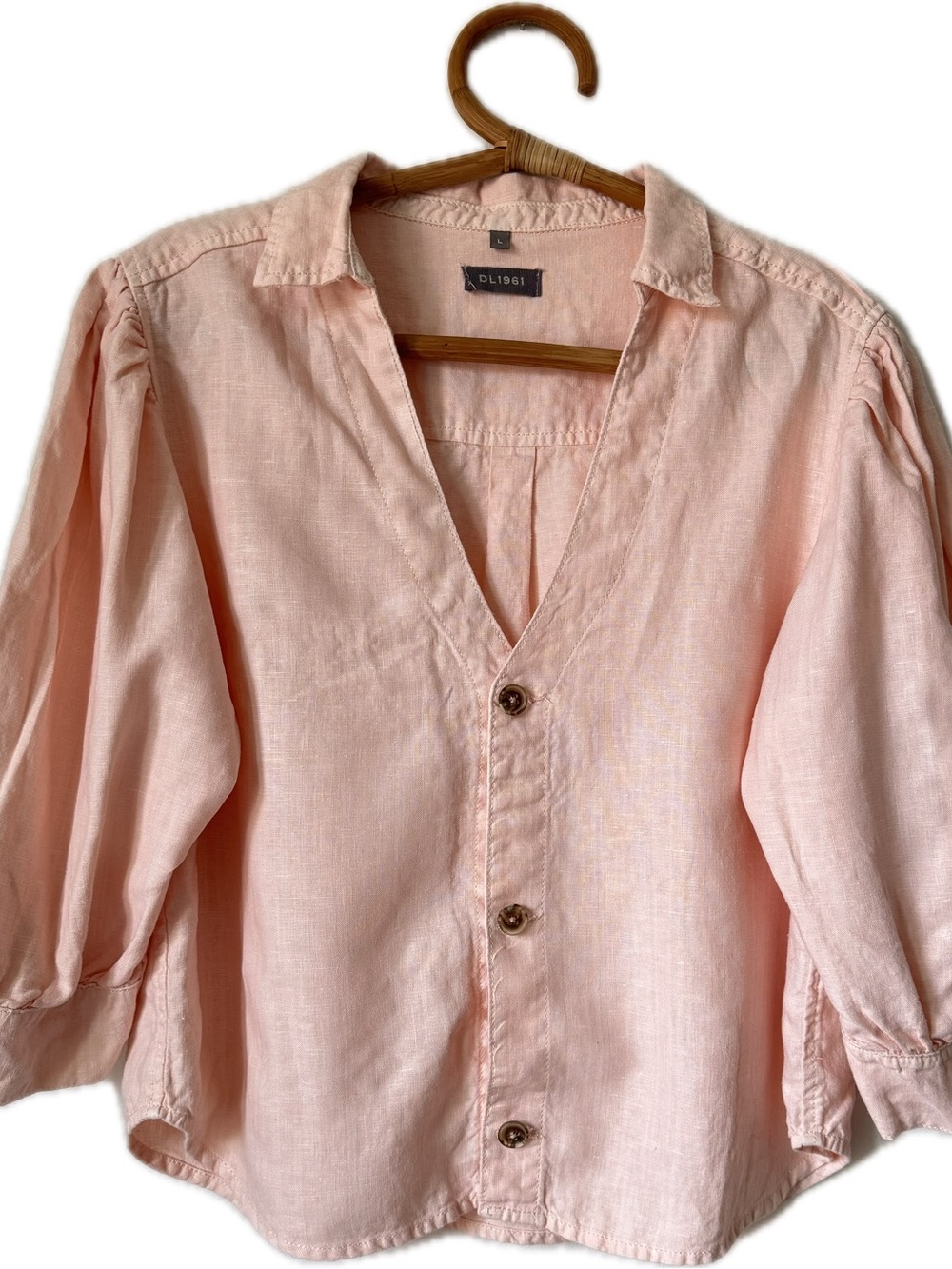 DL1961 Pale Pink Peach 100% Linen V-Neck 3/4 Sleeve Blouse Top $145 Sustainable